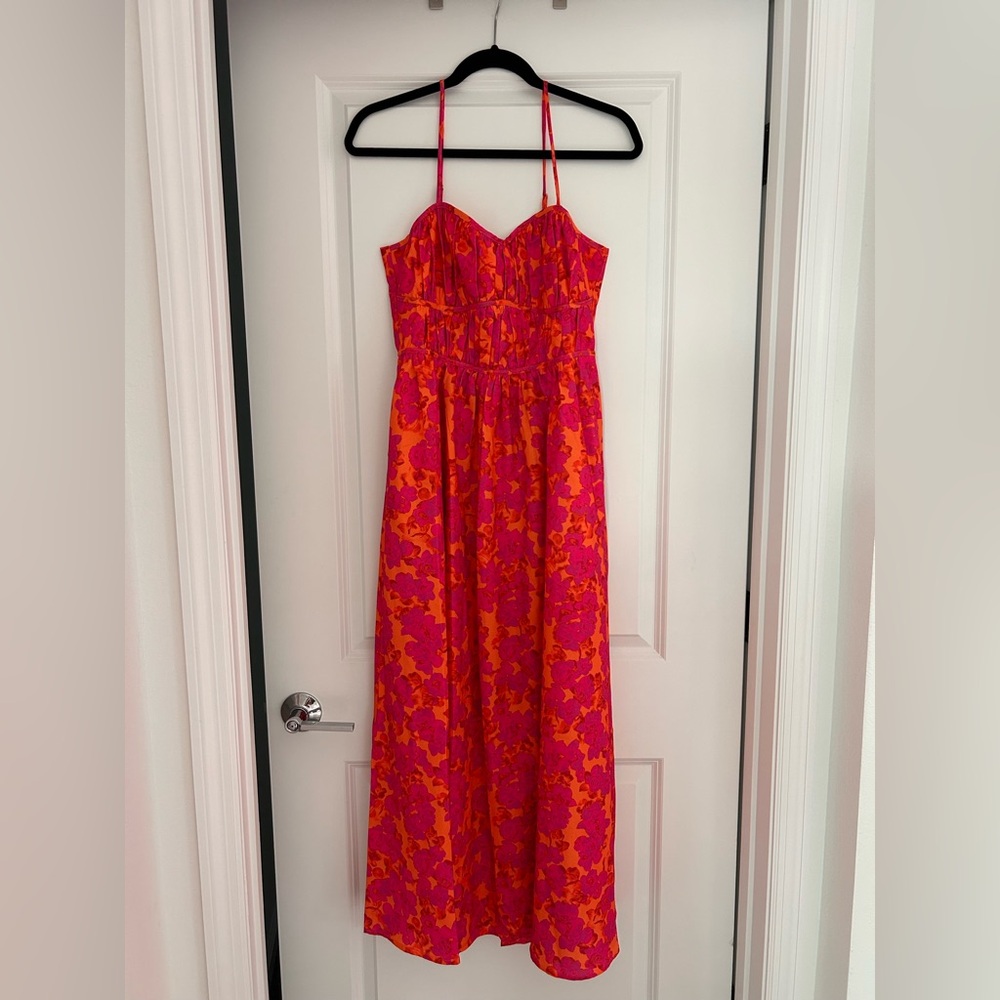 Runaway The Label Floral Maxi Dress Orange Pink Bustier Style Size L NWOT
